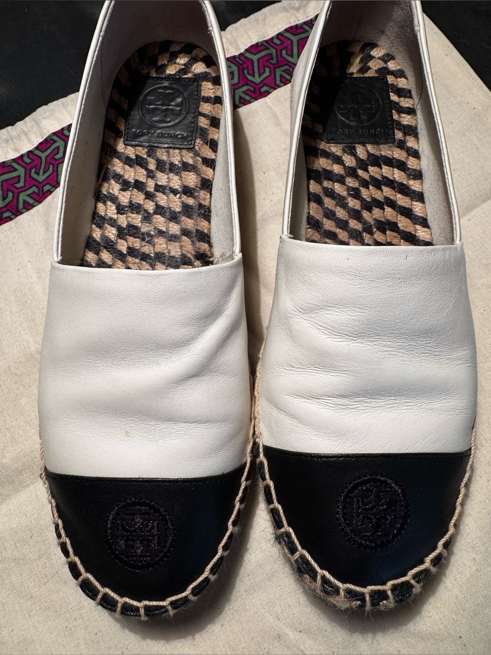 Tory Burch Two-Tone Creme and Black Leather Espadrille Flats